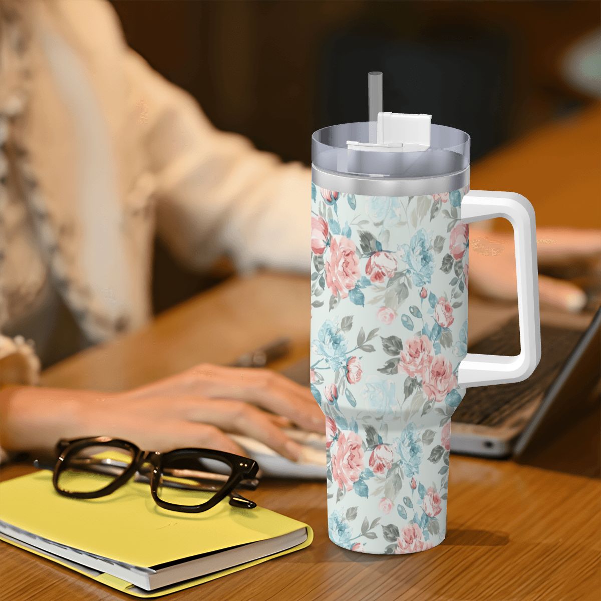Blue Pink Rose Shabby Chic 40oz Tumbler