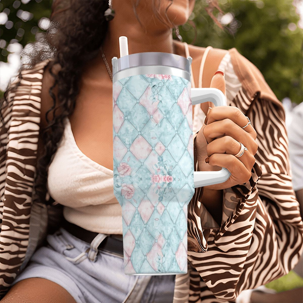 Blue Pink Rose Harlequin 40oz Tumbler