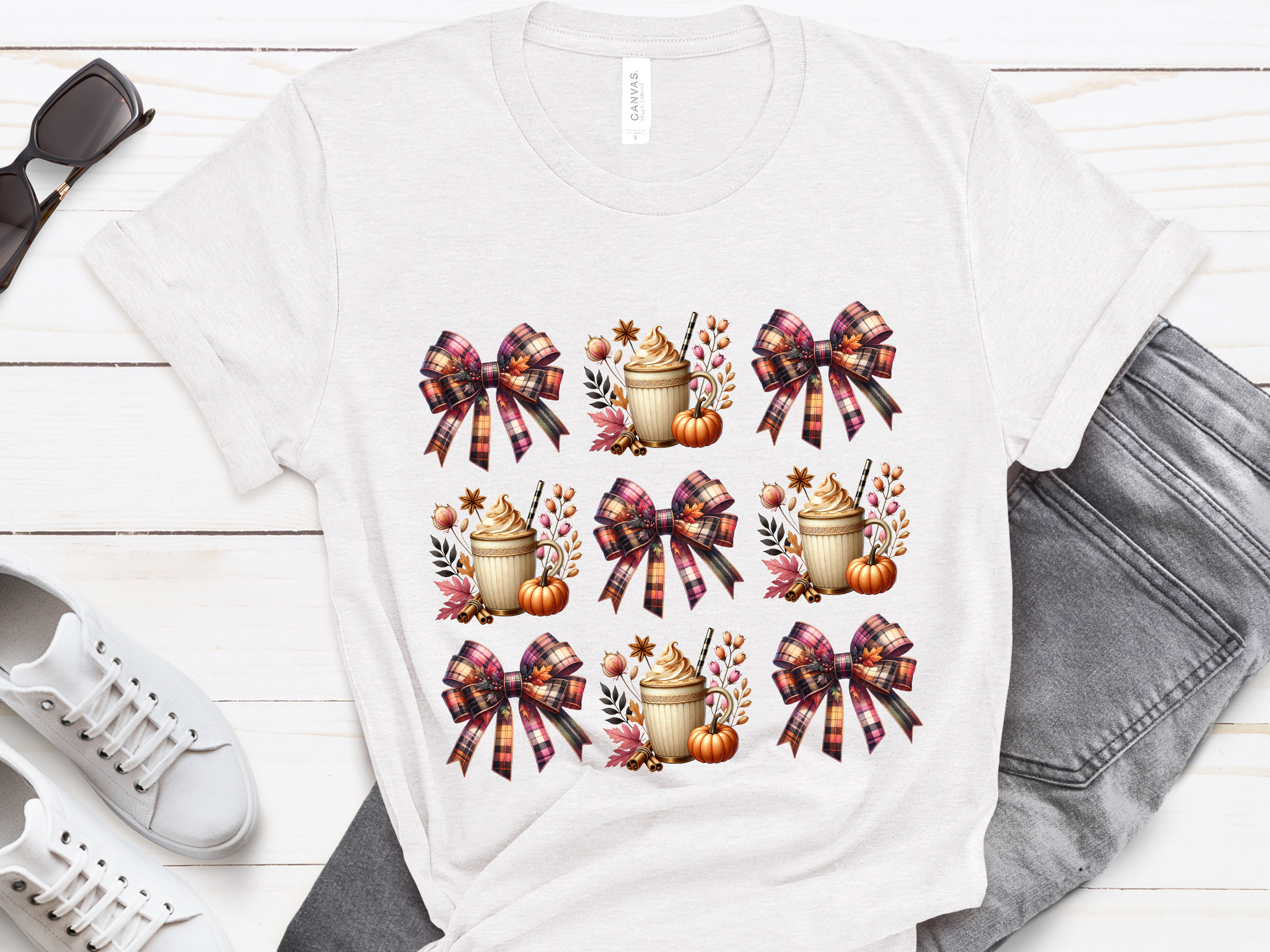 Fall Plaid Bow Pumpkin Latte T-Shirt
