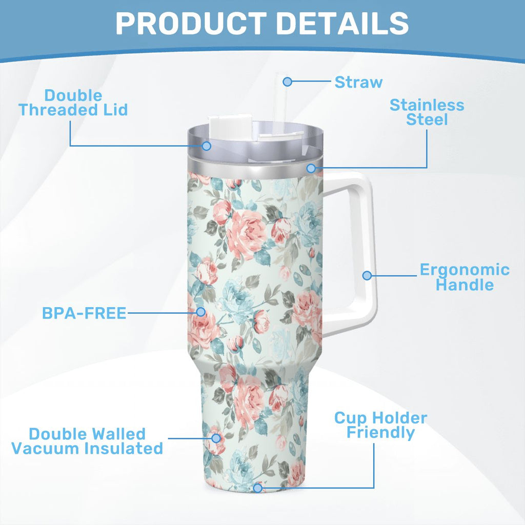 Blue Pink Rose Shabby Chic 40oz Tumbler