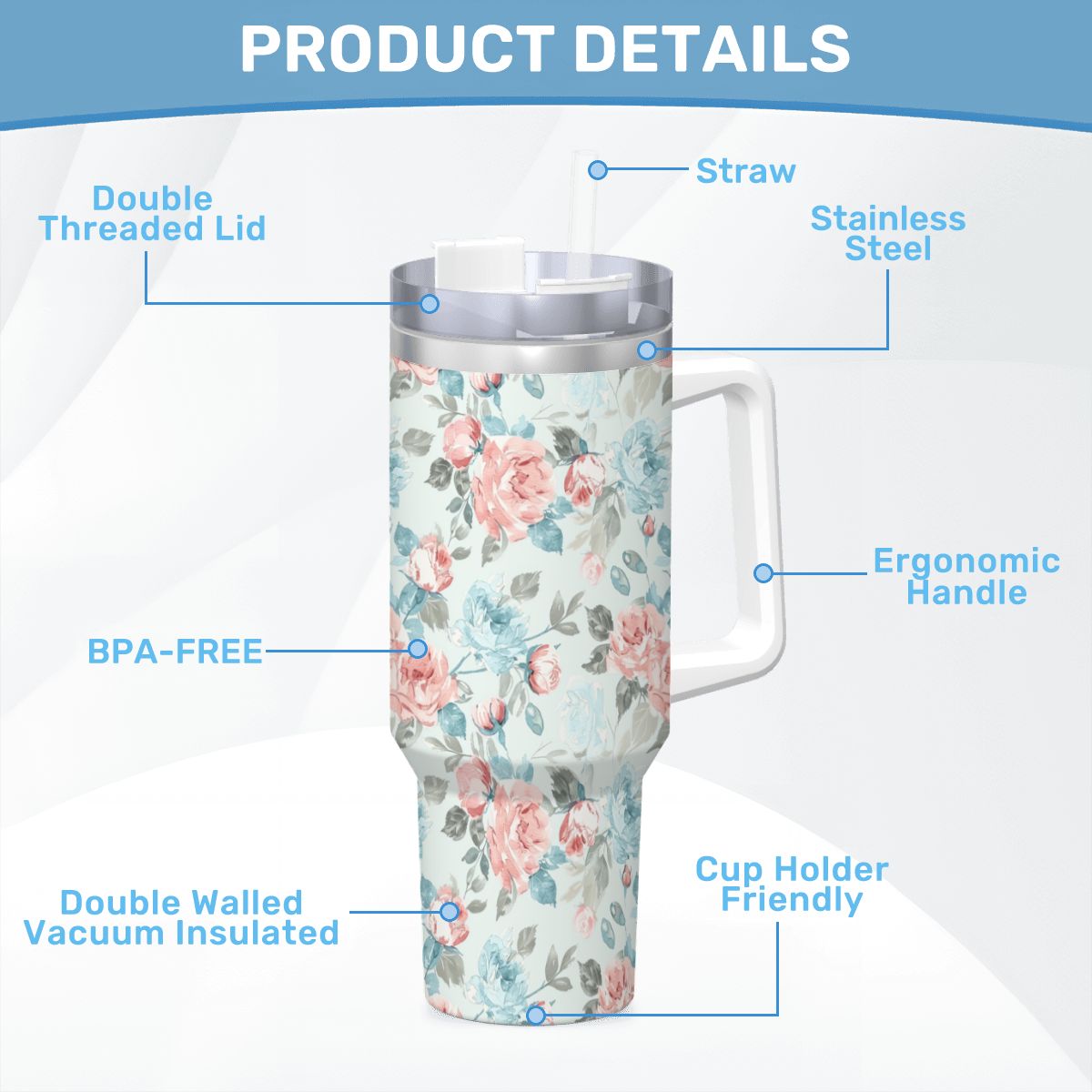 Blue Pink Rose Shabby Chic 40oz Tumbler