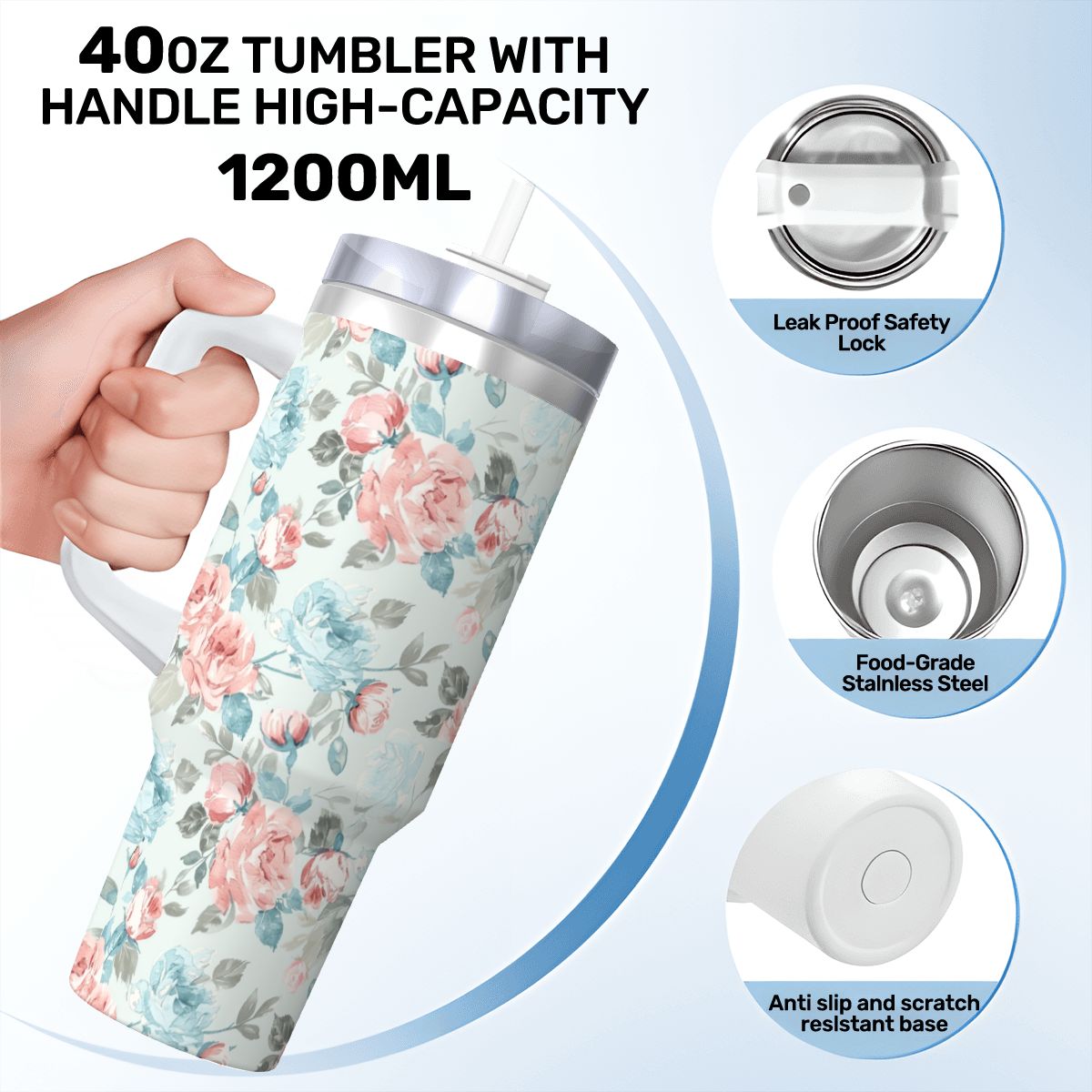 Blue Pink Rose Shabby Chic 40oz Tumbler