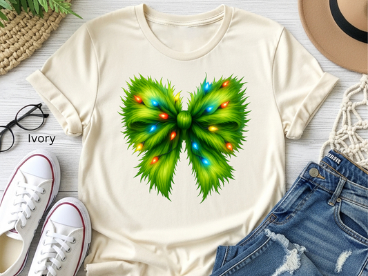 Green Fur Bow with Lights Christmas Shirt