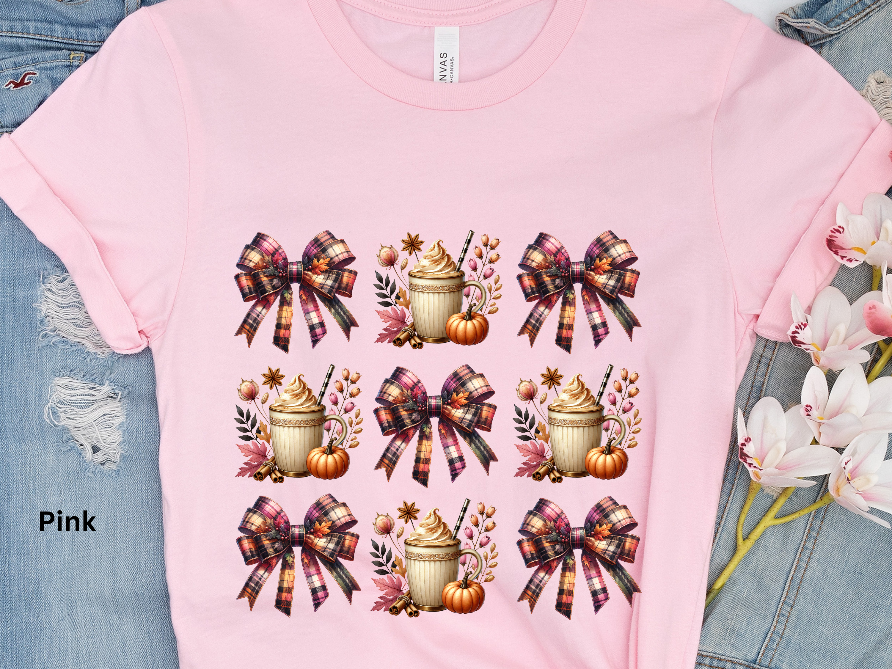 Fall Plaid Bow Pumpkin Latte T-Shirt