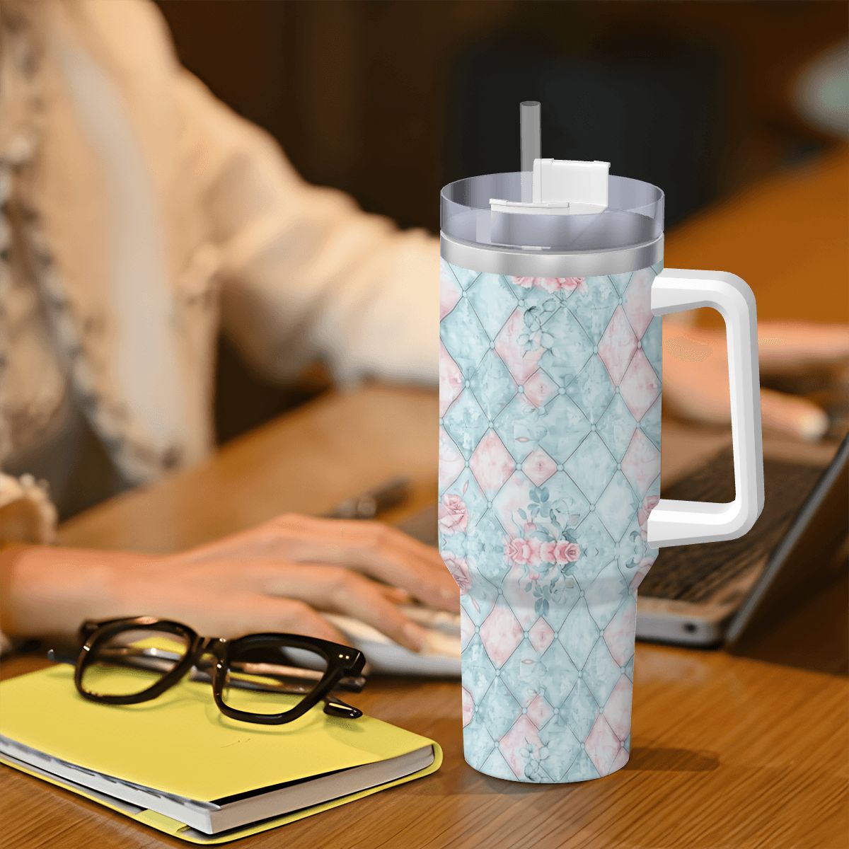 Blue Pink Rose Harlequin 40oz Tumbler