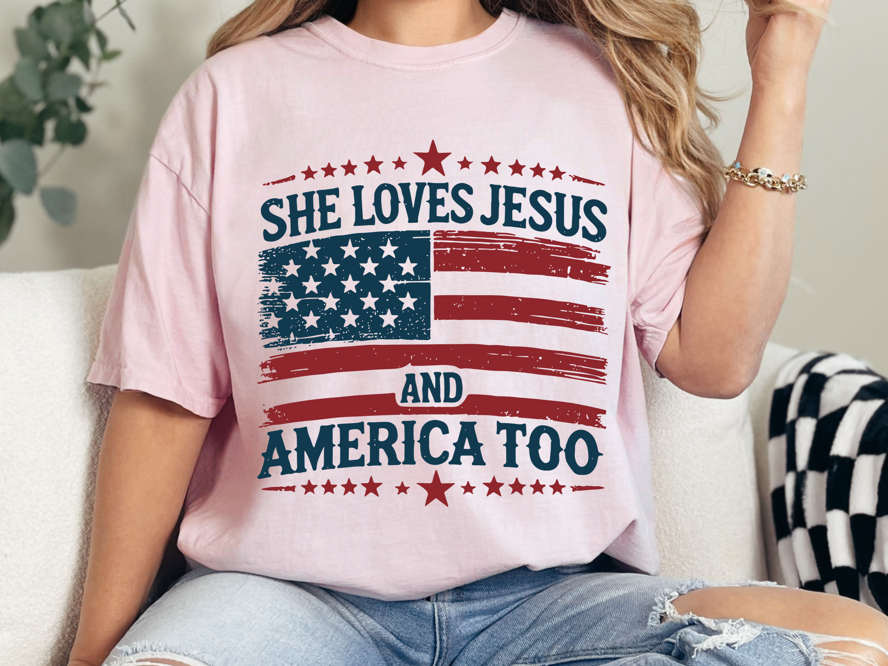 Christian 4th of July T-Shirt: She Loves Jesus and America Too