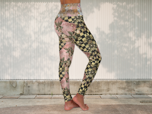 Vintage Floral Checkered Leggings for Women