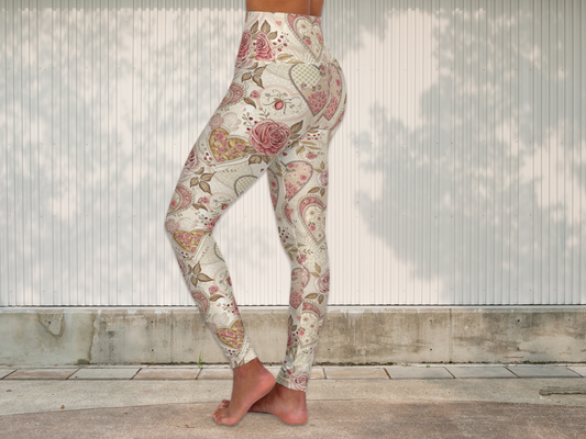 Vintage Patchwork Heart Floral Leggings