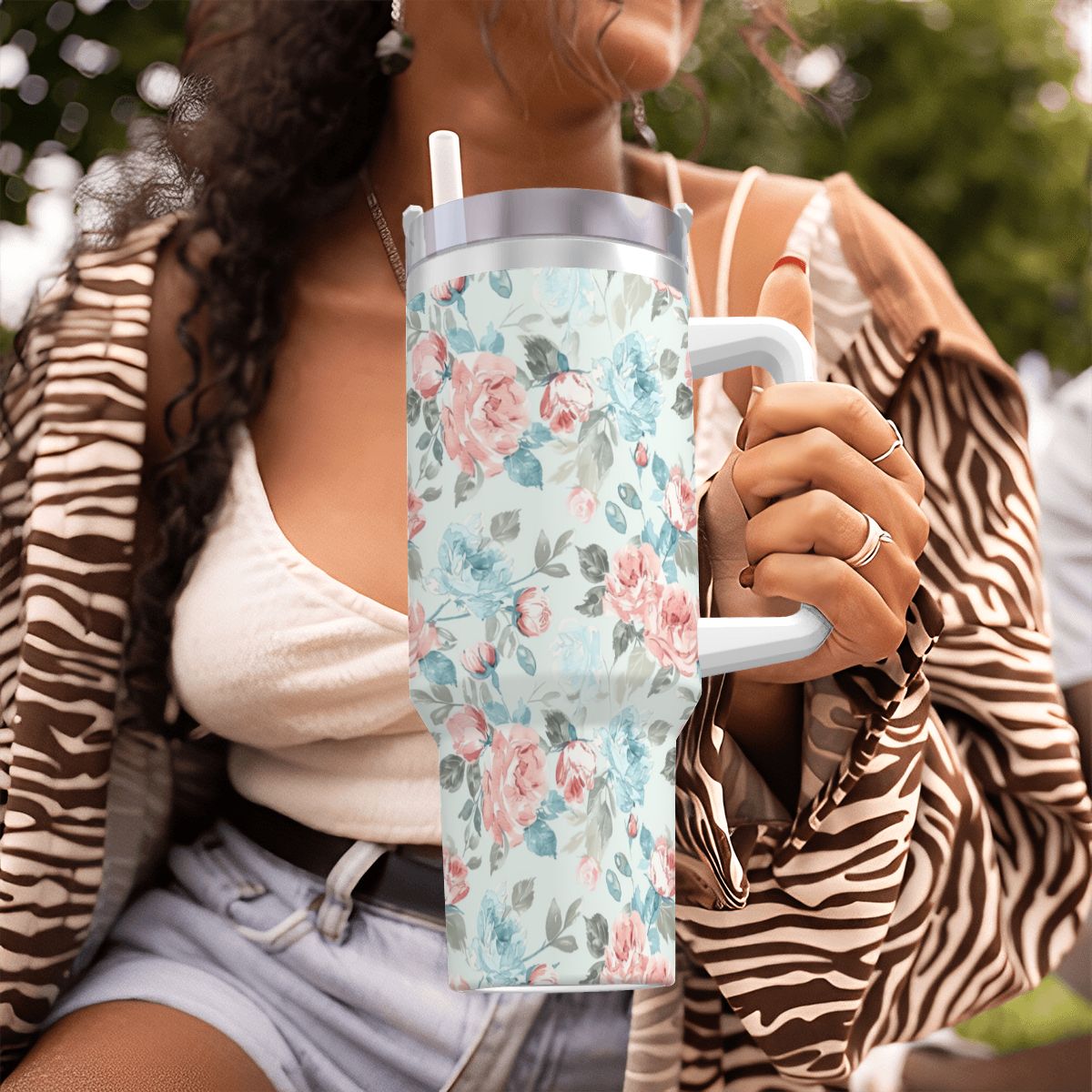 Blue Pink Rose Shabby Chic 40oz Tumbler